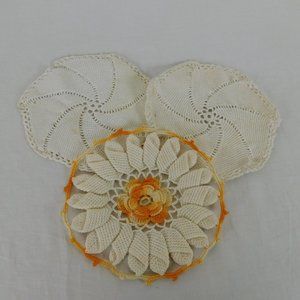 Lot of 3 Vintage Doily Pot Holder 1 Yellow Ombre Flower 2 Seven Sided White FLAW